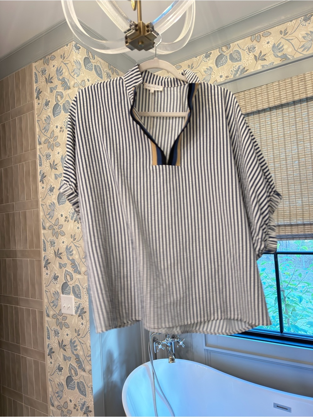 Striped Short-Sleeve Split-Neck Top in Navy and White